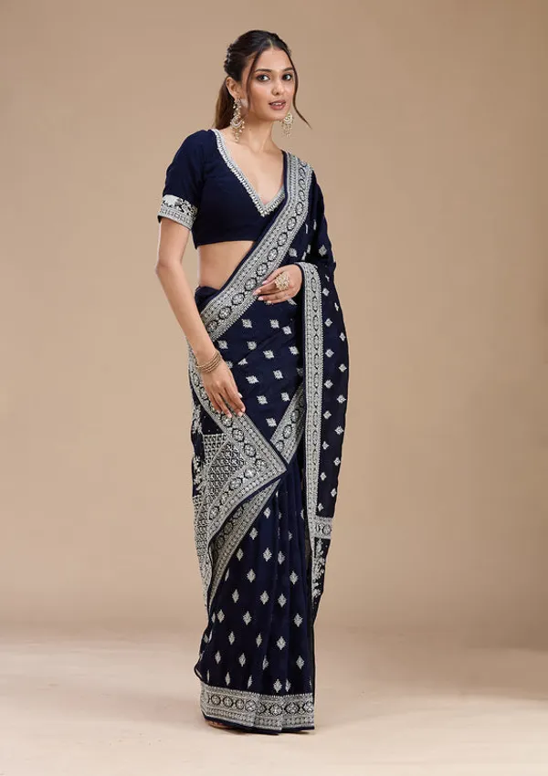Navy_Blue_Soft_Raw_Silk_Silver_Zariwork_Saree_With_Matching_Blouse_Piece