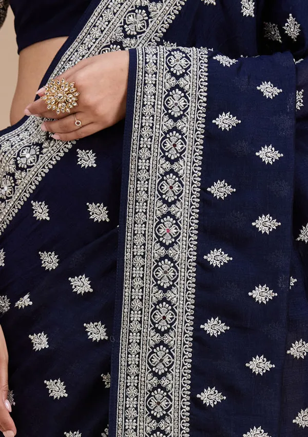 Navy_Blue_Soft_Raw_Silk_Silver_Zariwork_Saree_With_Matching_Blouse_Piece
