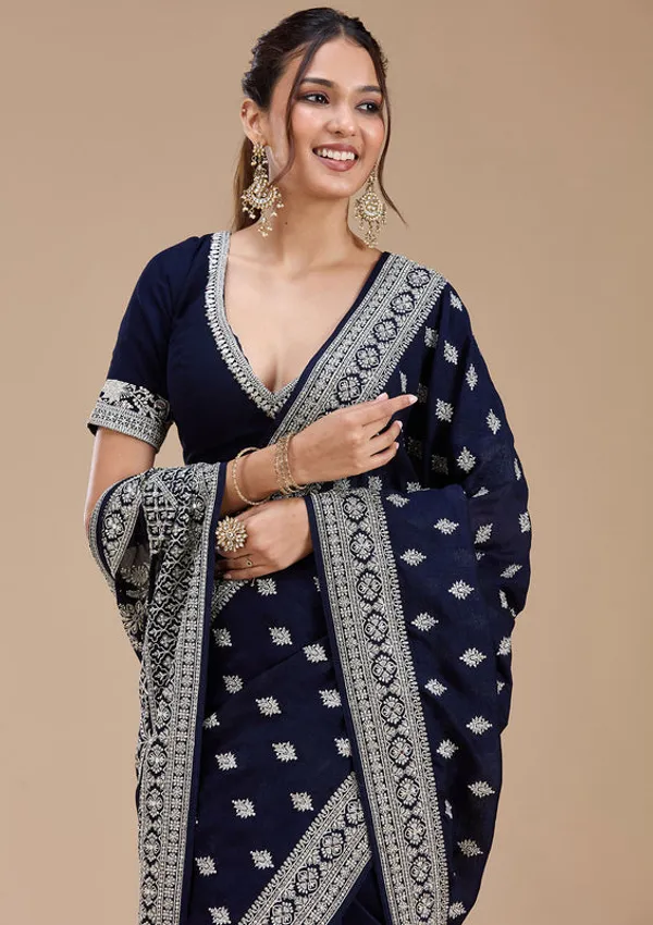 Navy_Blue_Soft_Raw_Silk_Silver_Zariwork_Saree_With_Matching_Blouse_Piece
