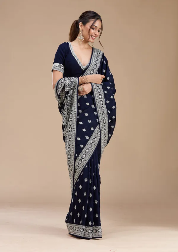 Navy_Blue_Soft_Raw_Silk_Silver_Zariwork_Saree_With_Matching_Blouse_Piece