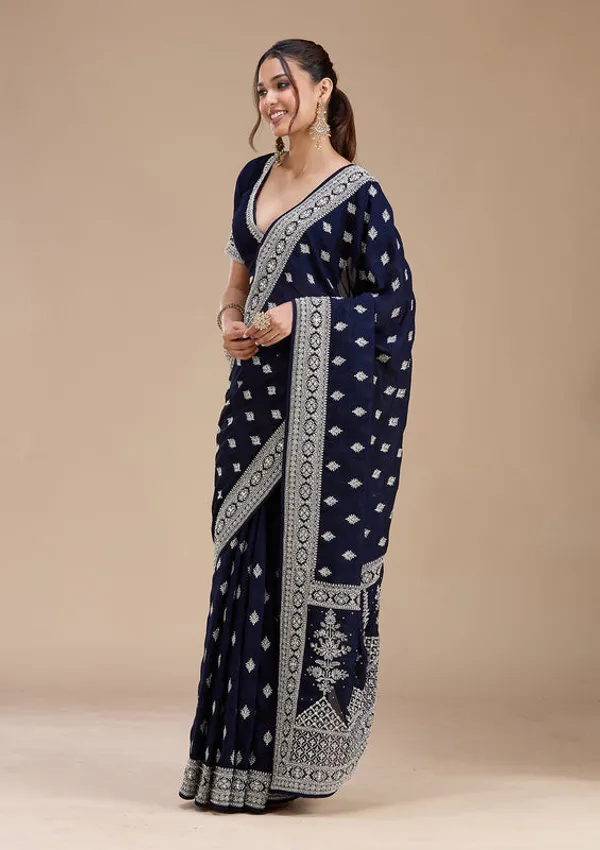 Navy_Blue_Soft_Raw_Silk_Silver_Zariwork_Saree_With_Matching_Blouse_Piece