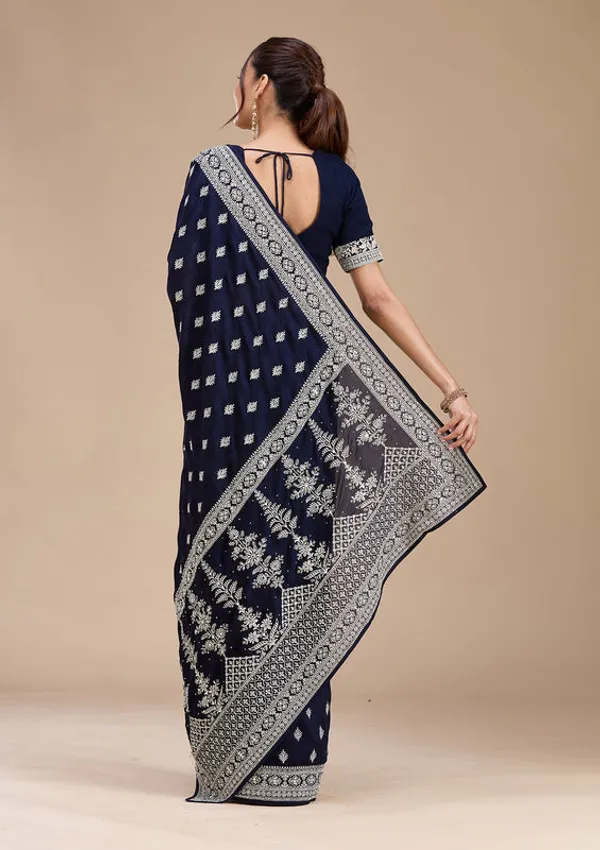 Navy_Blue_Soft_Raw_Silk_Silver_Zariwork_Saree_With_Matching_Blouse_Piece