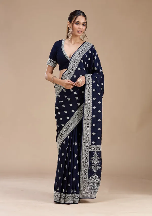 Navy_Blue_Soft_Raw_Silk_Silver_Zariwork_Saree_With_Matching_Blouse_Piece