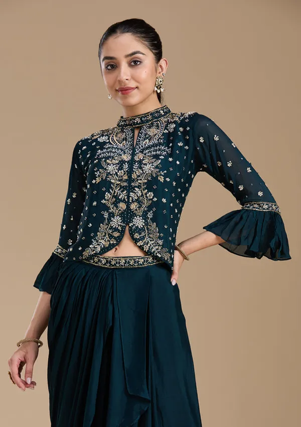 Navy_Blue_Satin_Cutdana_Crop_Top_Kurta_With_Drape_Skirt_And_Dupatta