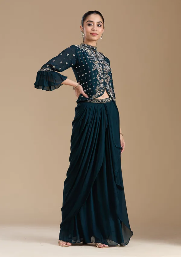 Navy_Blue_Satin_Cutdana_Crop_Top_Kurta_With_Drape_Skirt_And_Dupatta