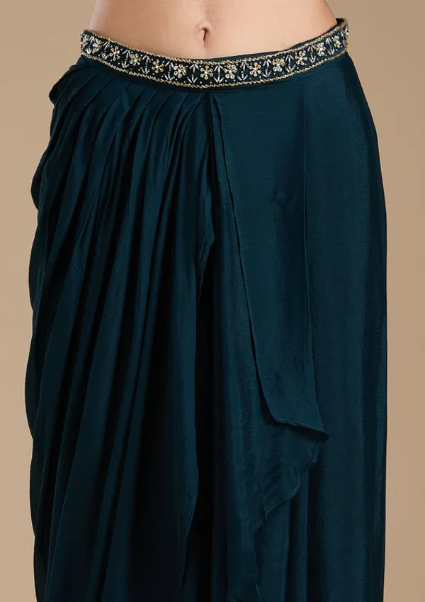Navy_Blue_Satin_Cutdana_Crop_Top_Kurta_With_Drape_Skirt_And_Dupatta