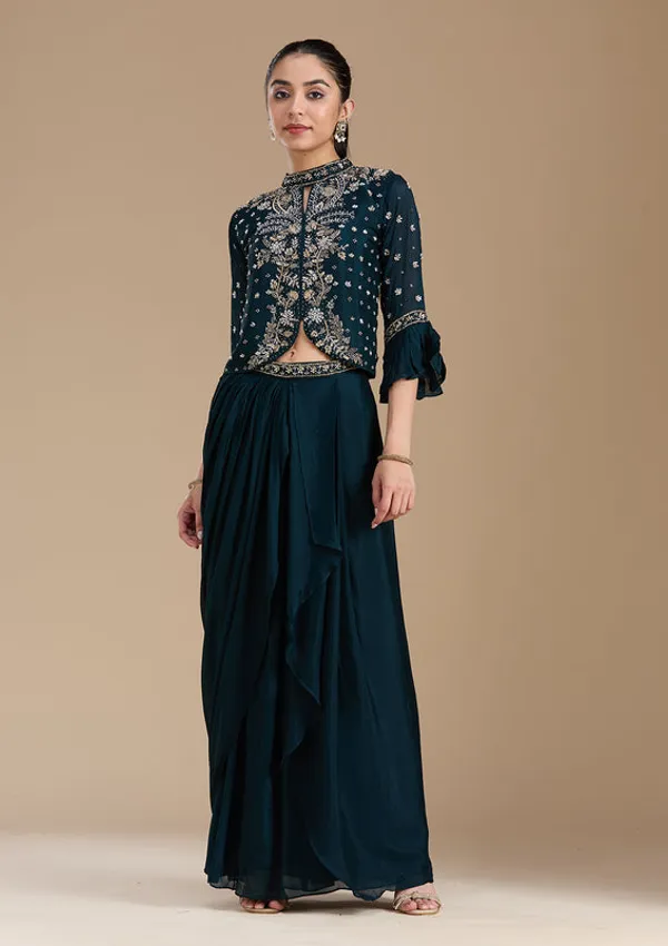 Navy_Blue_Satin_Cutdana_Crop_Top_Kurta_With_Drape_Skirt_And_Dupatta