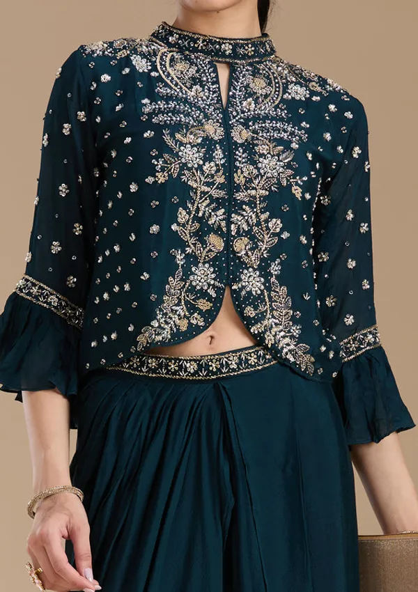 Navy_Blue_Satin_Cutdana_Crop_Top_Kurta_With_Drape_Skirt_And_Dupatta