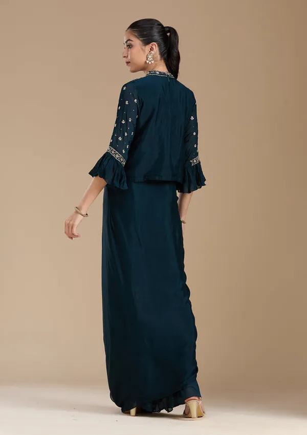 Navy_Blue_Satin_Cutdana_Crop_Top_Kurta_With_Drape_Skirt_And_Dupatta