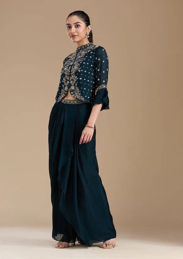 Navy_Blue_Satin_Cutdana_Crop_Top_Kurta_With_Drape_Skirt_And_Dupatta