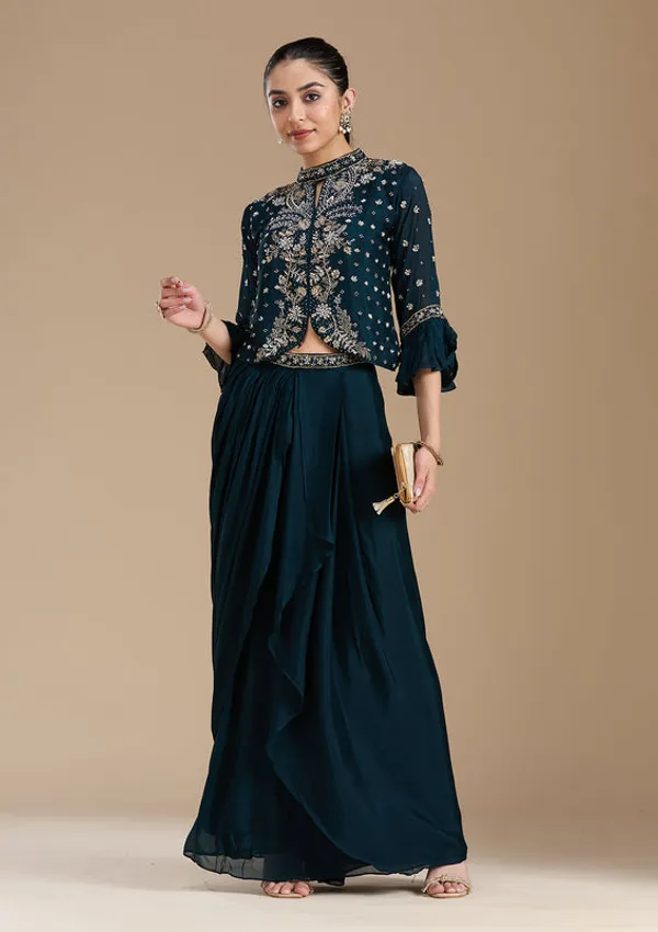 Navy_Blue_Satin_Cutdana_Crop_Top_Kurta_With_Drape_Skirt_And_Dupatta
