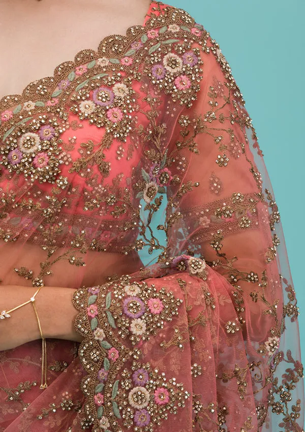 Peach_Net_Gold_Zariwork_Saree_With_Matching_Blouse_Piece