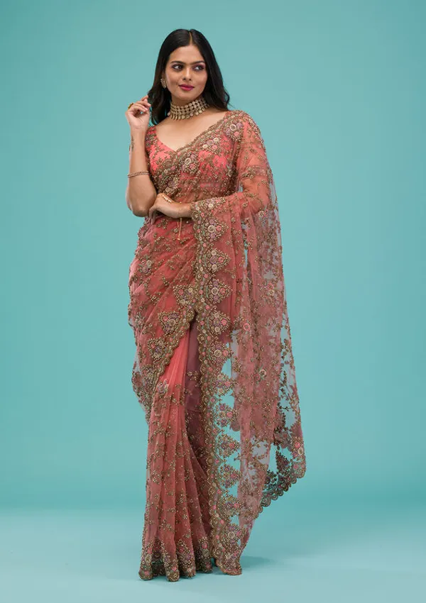 Peach_Net_Gold_Zariwork_Saree_With_Matching_Blouse_Piece