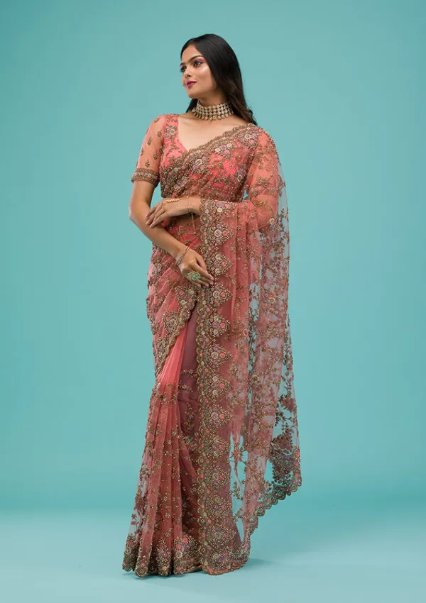 Peach_Net_Gold_Zariwork_Saree_With_Matching_Blouse_Piece
