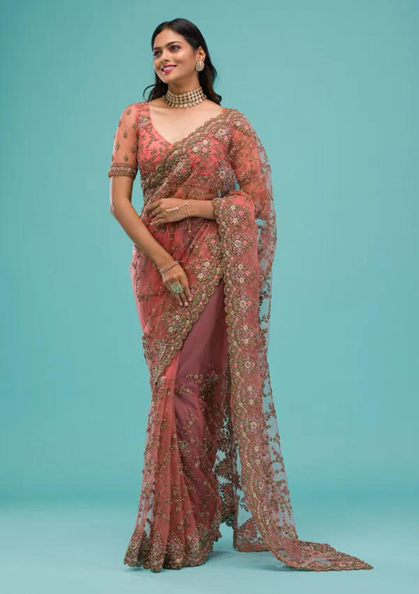 Peach_Net_Gold_Zariwork_Saree_With_Matching_Blouse_Piece