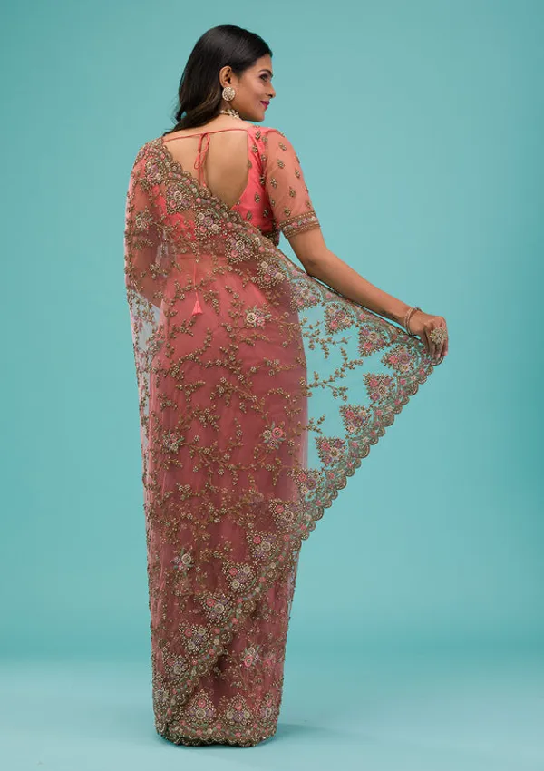 Peach_Net_Gold_Zariwork_Saree_With_Matching_Blouse_Piece