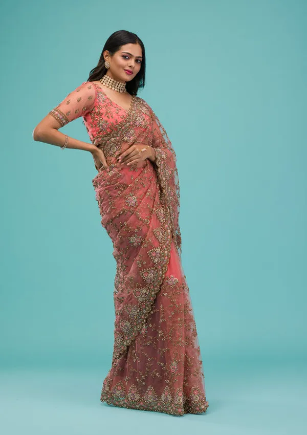 Peach_Net_Gold_Zariwork_Saree_With_Matching_Blouse_Piece