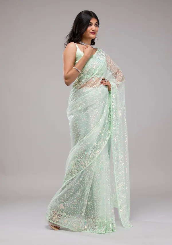 Pista_Green_Net_Sequins_Saree_With_Matching_Blouse_Piece