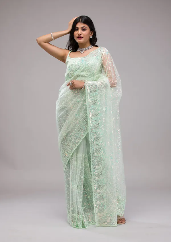 Pista_Green_Net_Sequins_Saree_With_Matching_Blouse_Piece