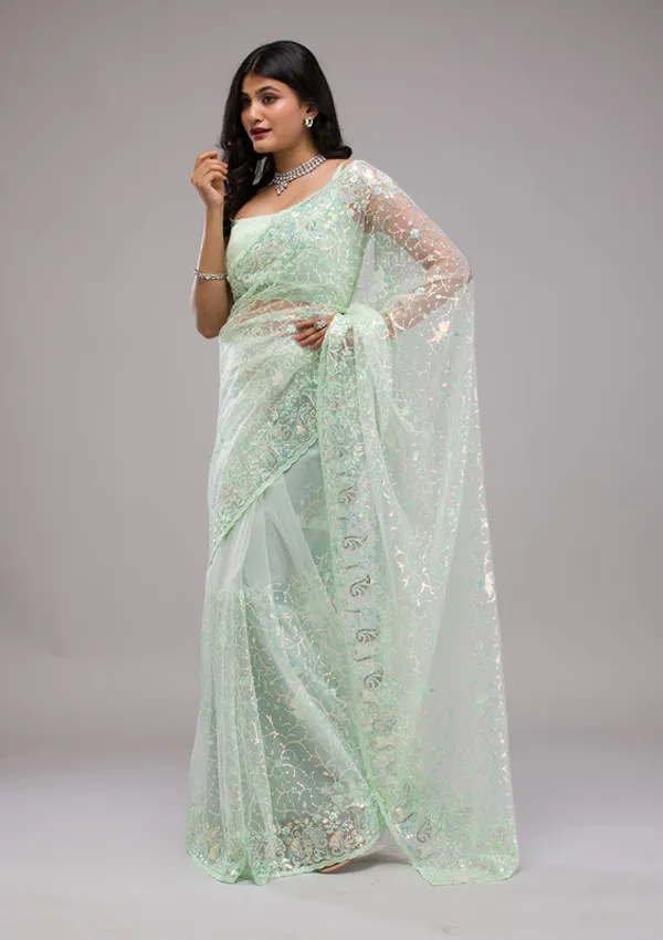 Pista_Green_Net_Sequins_Saree_With_Matching_Blouse_Piece