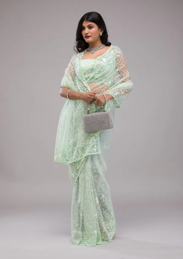 Pista_Green_Net_Sequins_Saree_With_Matching_Blouse_Piece