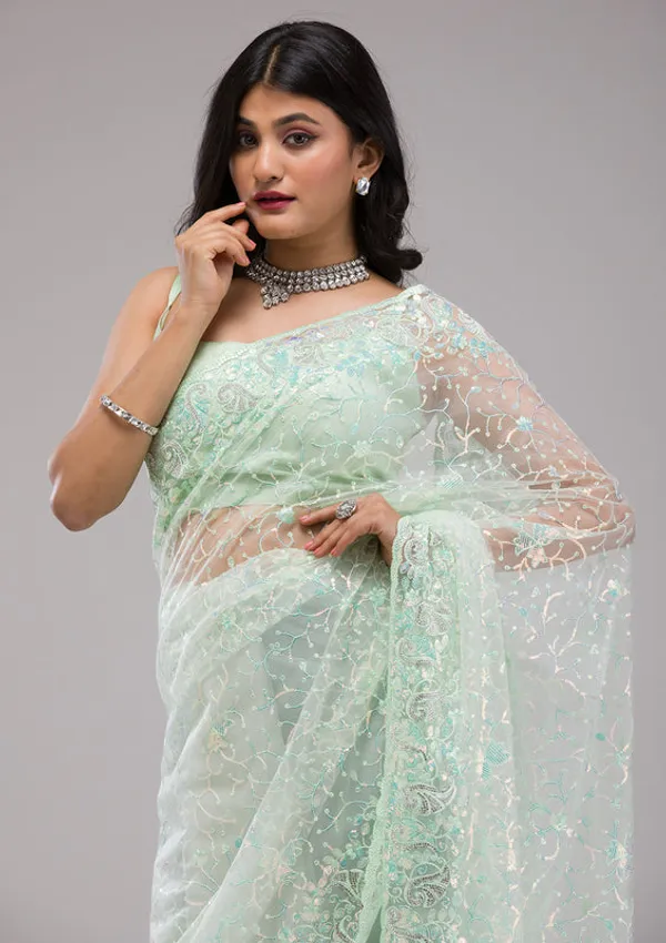 Pista_Green_Net_Sequins_Saree_With_Matching_Blouse_Piece
