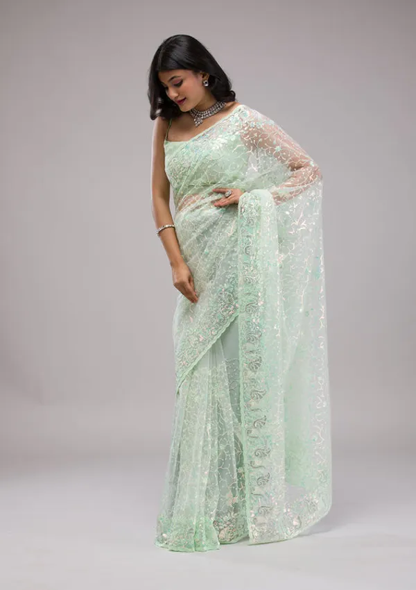 Pista_Green_Net_Sequins_Saree_With_Matching_Blouse_Piece