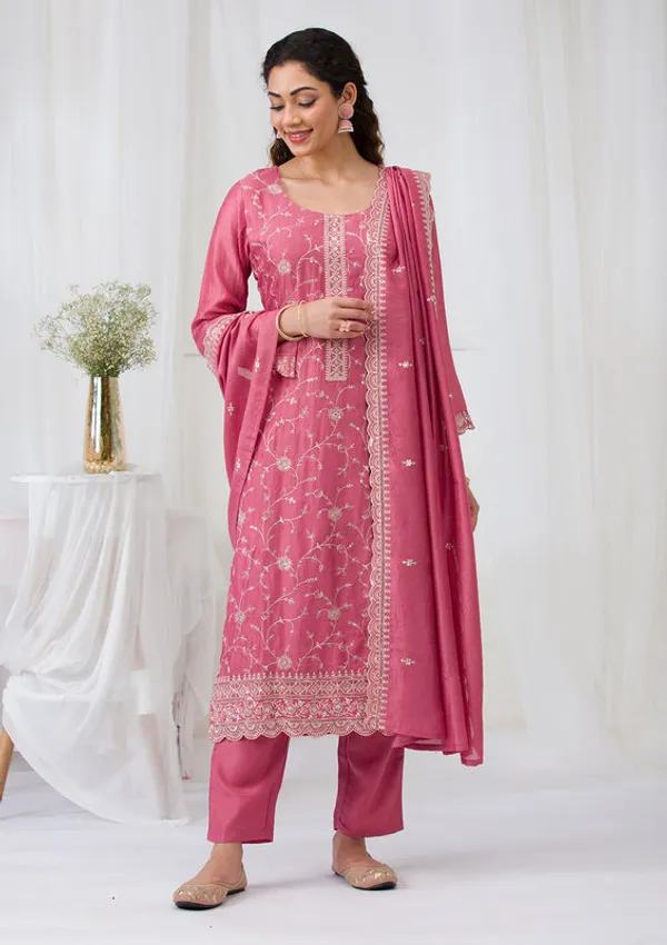 Onion_Pink_Soft_Raw_Silk_Threadwork_Straight_Kurta_With_Regular_Pant_And_Dupatta