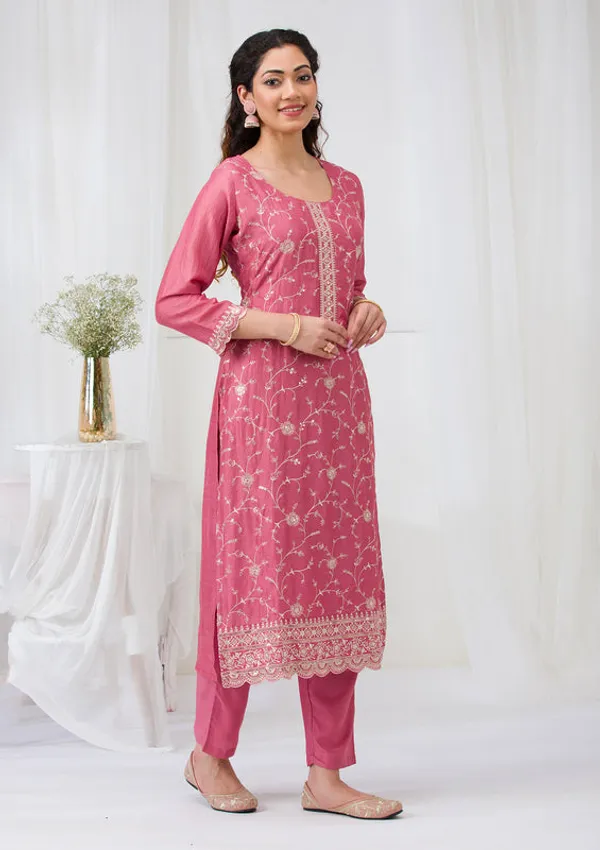 Onion_Pink_Soft_Raw_Silk_Threadwork_Straight_Kurta_With_Regular_Pant_And_Dupatta