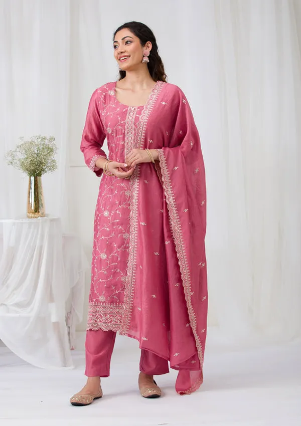 Onion_Pink_Soft_Raw_Silk_Threadwork_Straight_Kurta_With_Regular_Pant_And_Dupatta