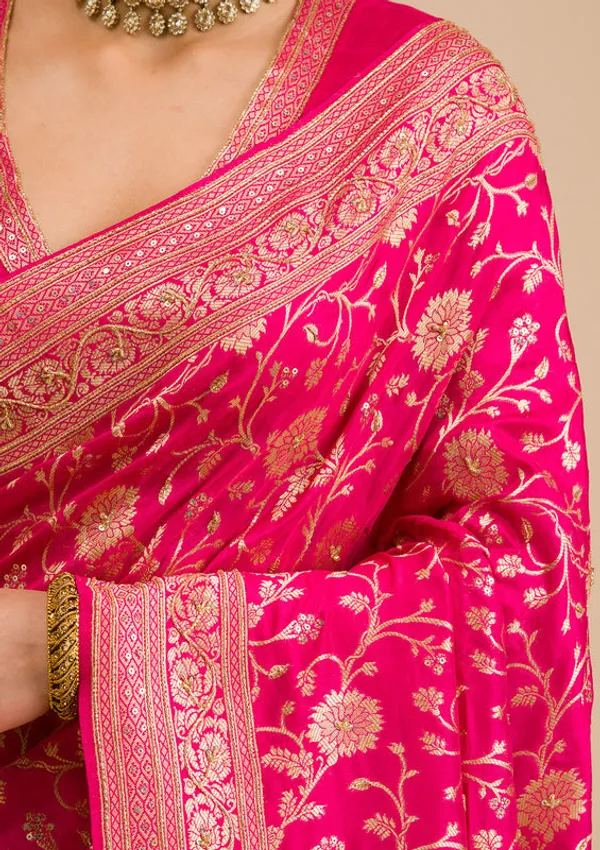 Rani_Pink_Silk_Jaal_Cutdana_Saree_With_Matching_Blouse_Piece