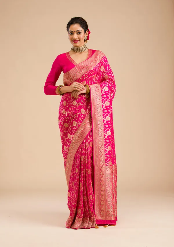 Rani_Pink_Silk_Jaal_Cutdana_Saree_With_Matching_Blouse_Piece