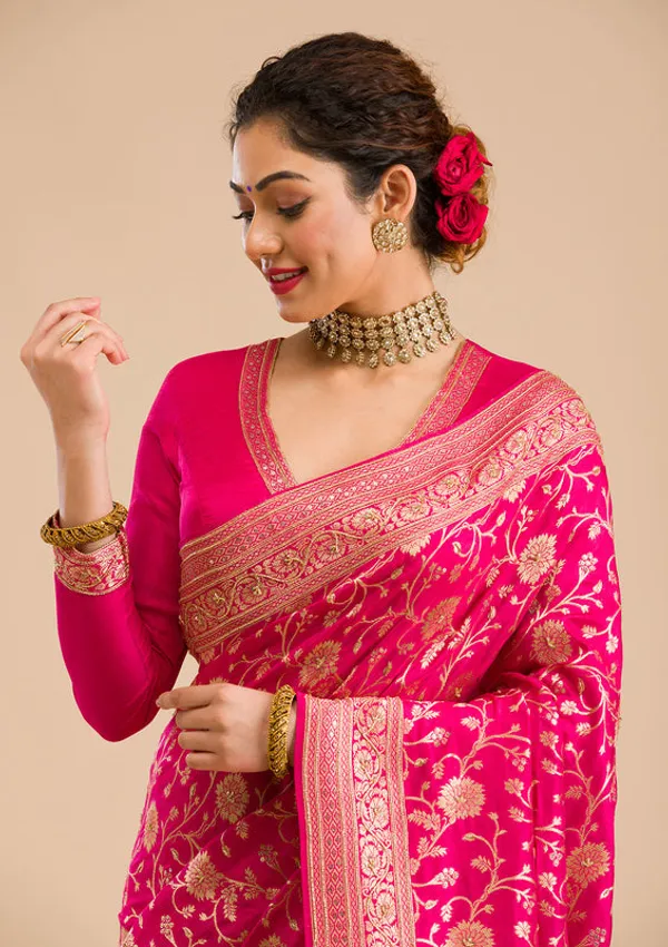Rani_Pink_Silk_Jaal_Cutdana_Saree_With_Matching_Blouse_Piece