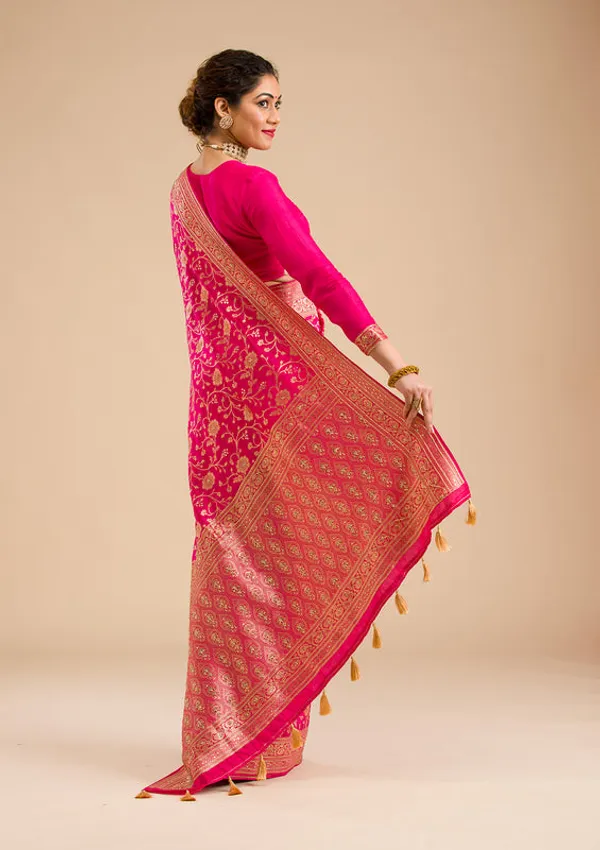 Rani_Pink_Silk_Jaal_Cutdana_Saree_With_Matching_Blouse_Piece