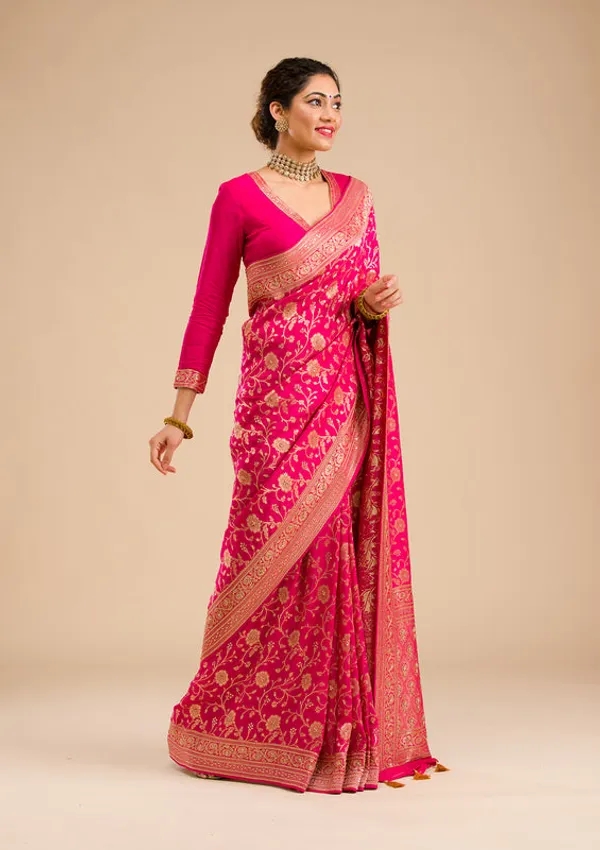 Rani_Pink_Silk_Jaal_Cutdana_Saree_With_Matching_Blouse_Piece