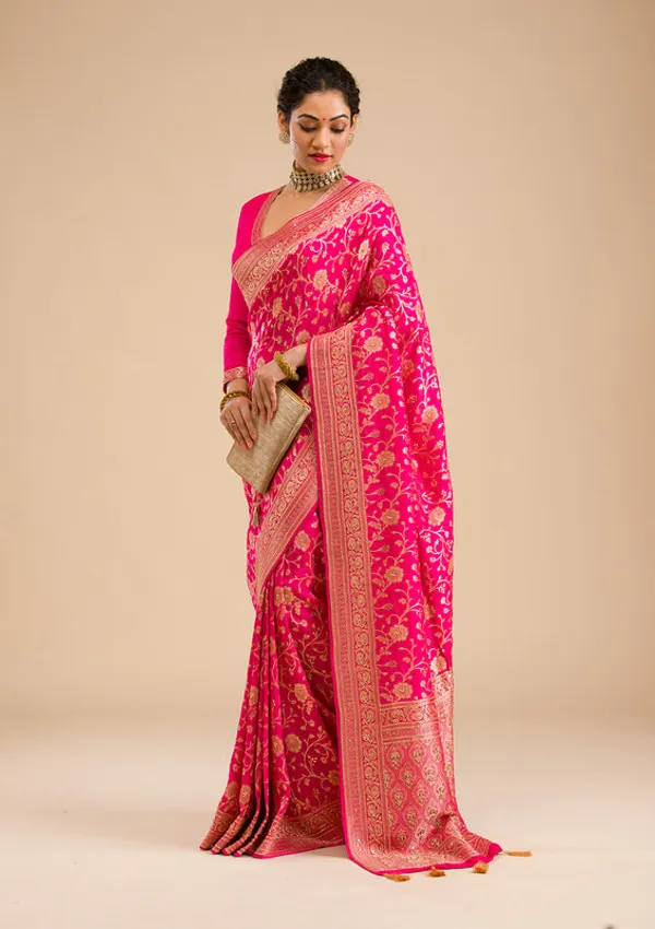 Rani_Pink_Silk_Jaal_Cutdana_Saree_With_Matching_Blouse_Piece