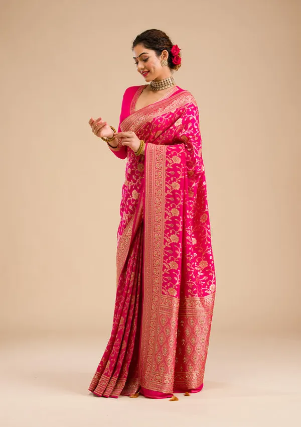 Rani_Pink_Silk_Jaal_Cutdana_Saree_With_Matching_Blouse_Piece