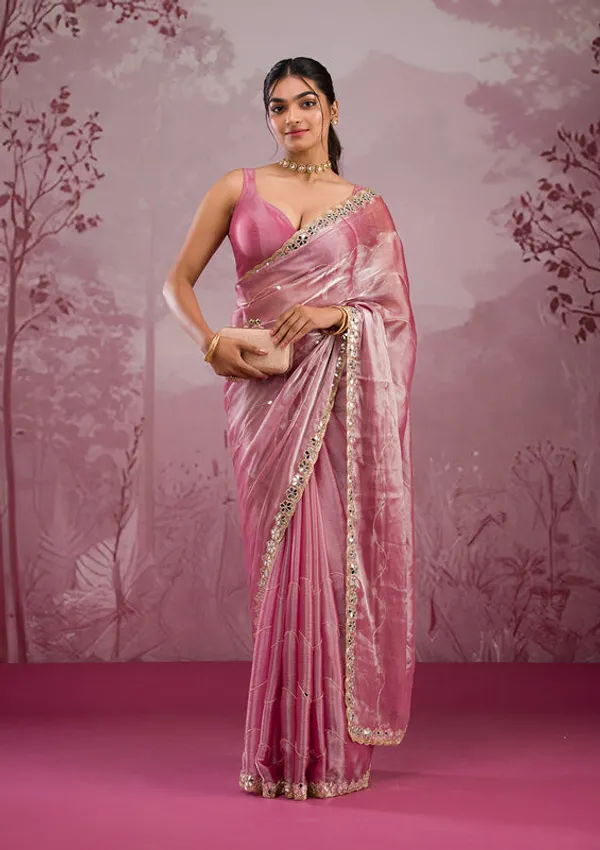 Onion_Pink_Organza_Mirrorwork_Saree_With_Matching_Blouse_Piece