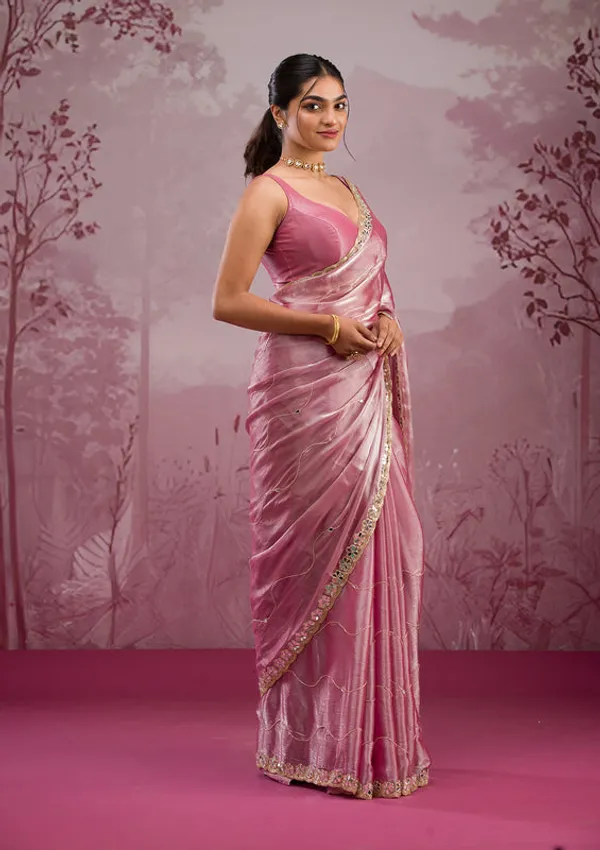 Onion_Pink_Organza_Mirrorwork_Saree_With_Matching_Blouse_Piece