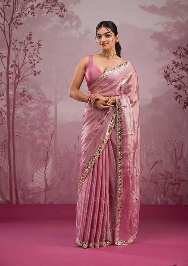 Onion_Pink_Organza_Mirrorwork_Saree_With_Matching_Blouse_Piece