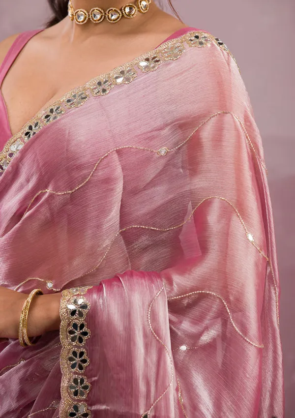 Onion_Pink_Organza_Mirrorwork_Saree_With_Matching_Blouse_Piece