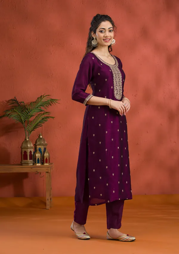 Purple_Soft_Raw_Silk_Gold_Zariwork_Straight_Kurta_With_Pant_Regular_And_Dupatta