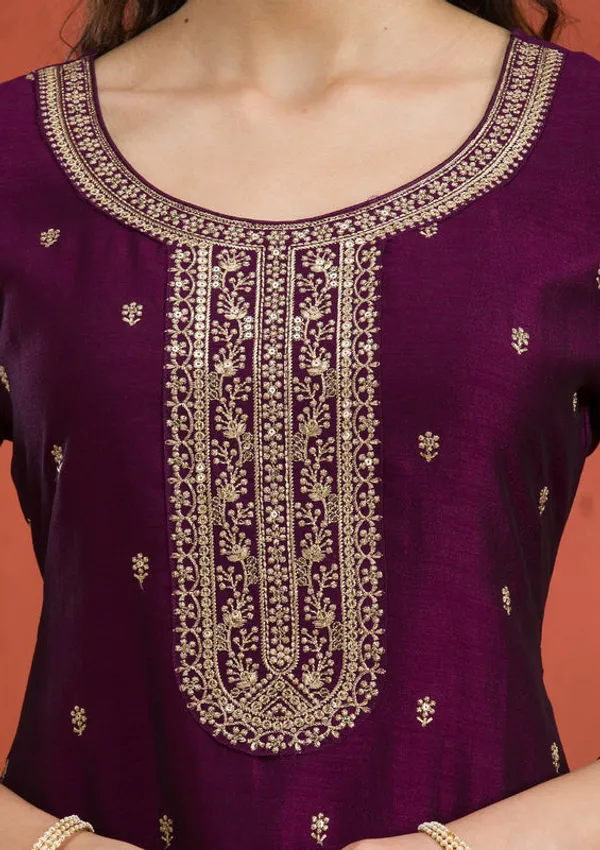 Purple_Soft_Raw_Silk_Gold_Zariwork_Straight_Kurta_With_Pant_Regular_And_Dupatta