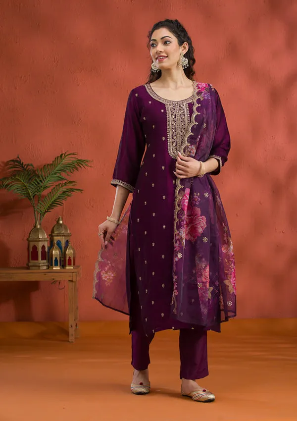 Purple_Soft_Raw_Silk_Gold_Zariwork_Straight_Kurta_With_Pant_Regular_And_Dupatta