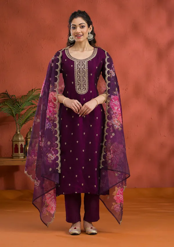 Purple_Soft_Raw_Silk_Gold_Zariwork_Straight_Kurta_With_Pant_Regular_And_Dupatta