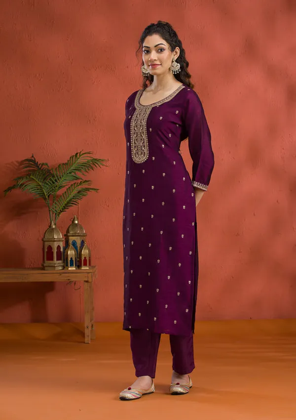 Purple_Soft_Raw_Silk_Gold_Zariwork_Straight_Kurta_With_Pant_Regular_And_Dupatta