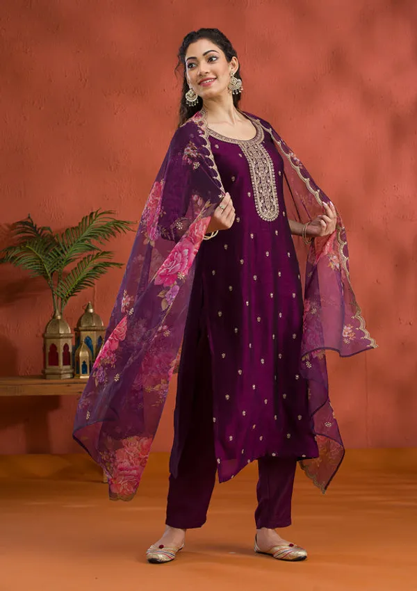 Purple_Soft_Raw_Silk_Gold_Zariwork_Straight_Kurta_With_Pant_Regular_And_Dupatta