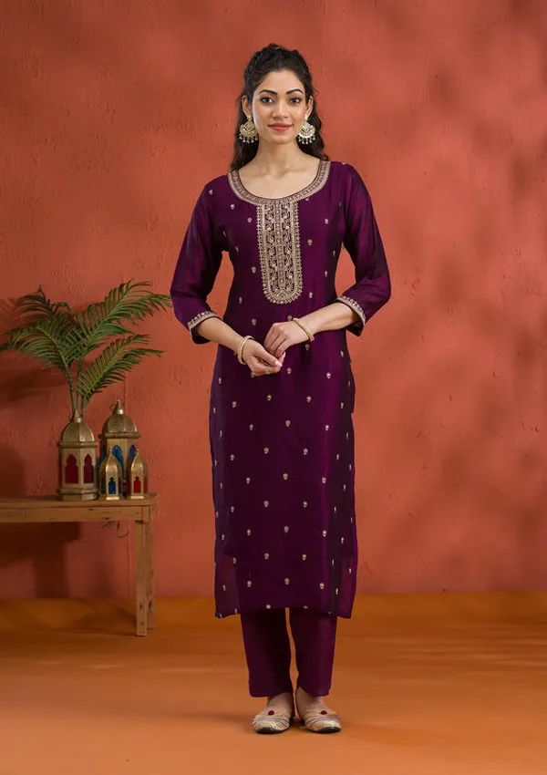 Purple_Soft_Raw_Silk_Gold_Zariwork_Straight_Kurta_With_Pant_Regular_And_Dupatta