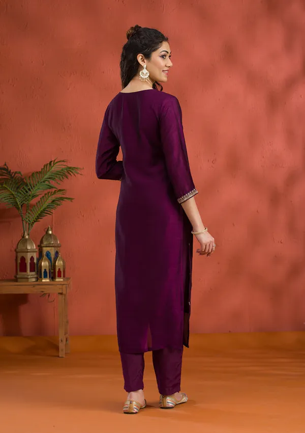 Purple_Soft_Raw_Silk_Gold_Zariwork_Straight_Kurta_With_Pant_Regular_And_Dupatta