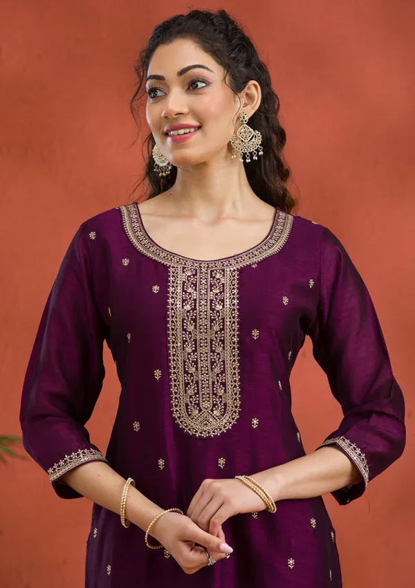 Purple_Soft_Raw_Silk_Gold_Zariwork_Straight_Kurta_With_Pant_Regular_And_Dupatta